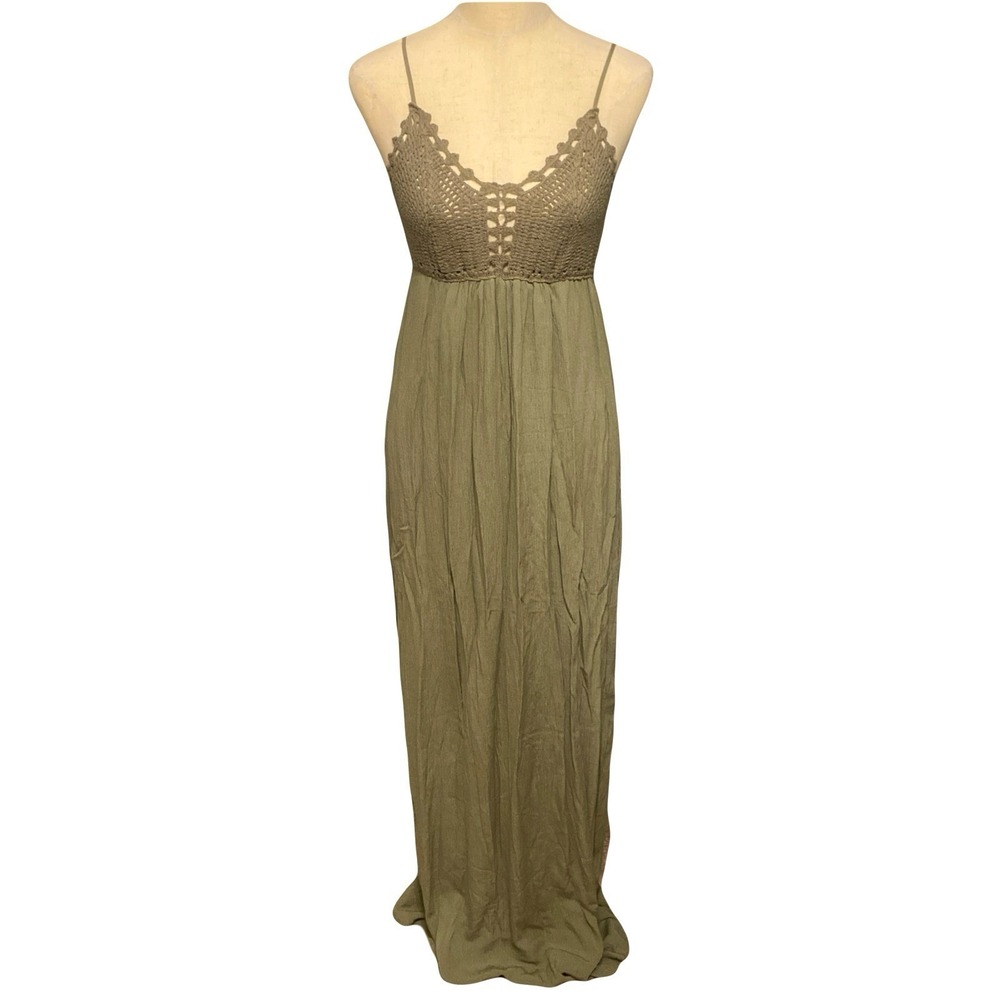 Be Cool Bohemian Chic Crochet Maxi Dress Green V-Neck Strappy Size S Cottagecore